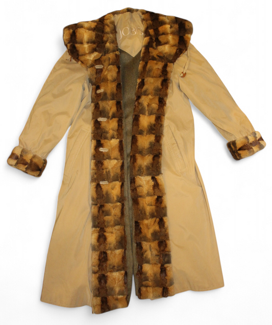 Jobis Coat Camel coloured, Real fur collar and trim, Virgin wool blend lining, Size M